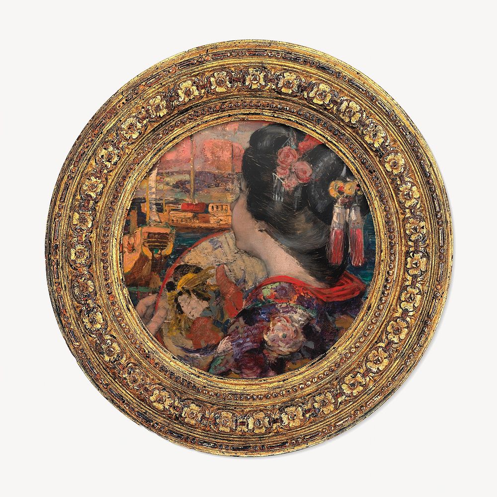 Round picture frame, gold vintage design with The Balcony, Yokohama painting. Remixed by rawpixel.