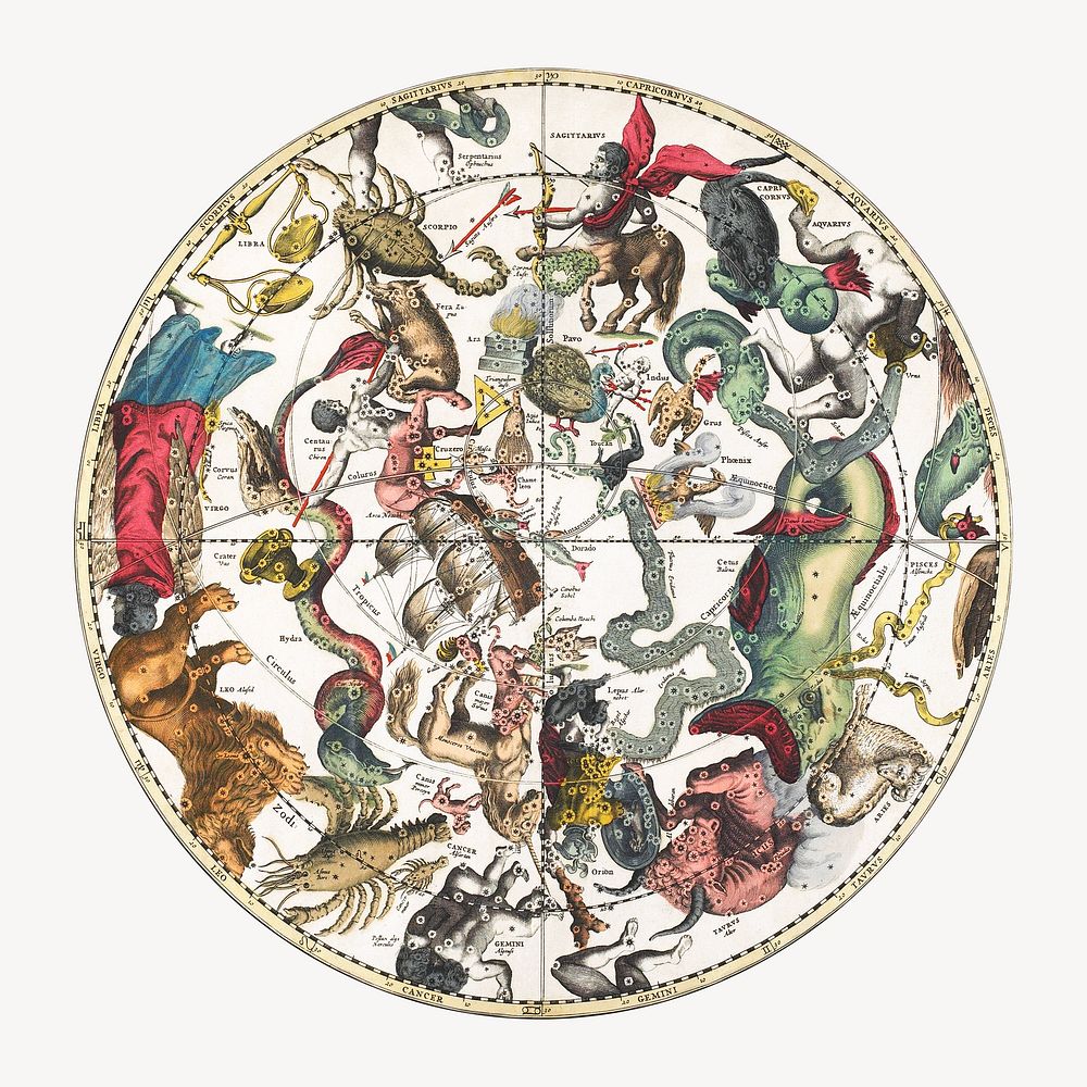 The Southern Stellar Hemisphere of Antiquity, plate 27 from Harmonia Microcosmica illustration by Andreas Cellarius. Remixed…