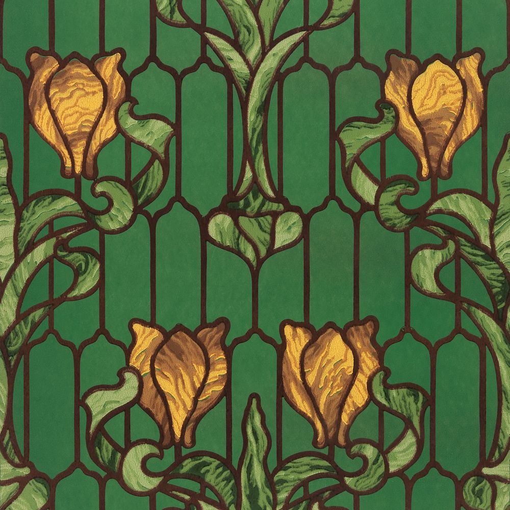 Floral stained glass background, yellow tulip with green foliage. Remixed by rawpixel.