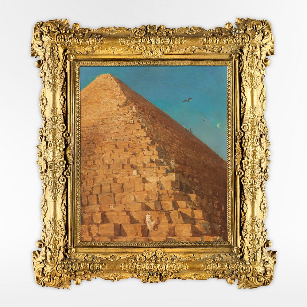 Gold picture frame mockup, vintage design with The Great Pyramid painting psd. Remixed by rawpixel.