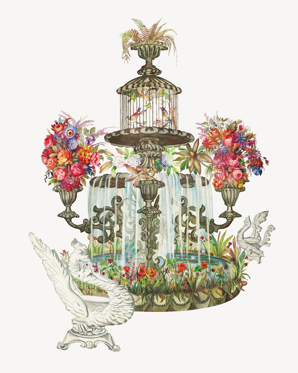 Conservatory Fountain, vintage garden illustration by Perkins Harnly and Nicholas Zupa. Remixed by rawpixel.