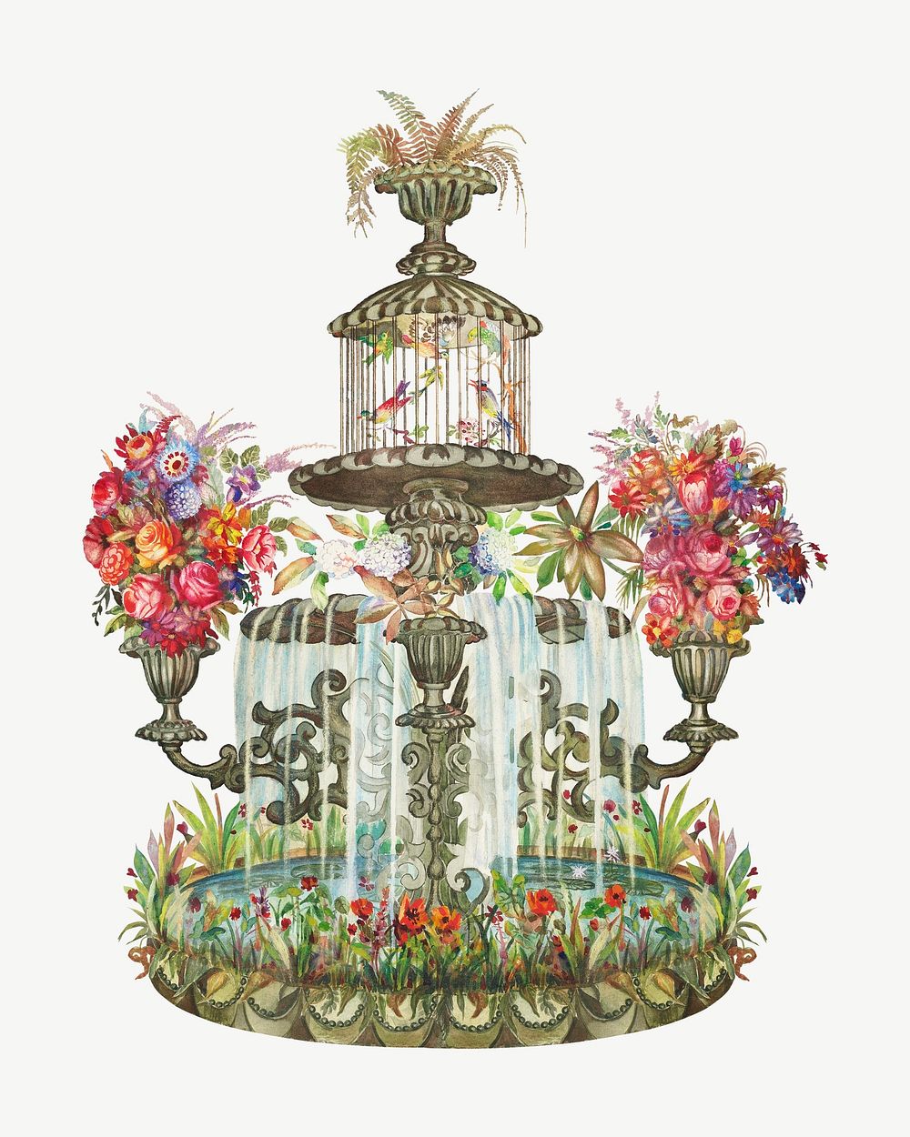 Conservatory Fountain, vintage garden illustration psd by Perkins Harnly and Nicholas Zupa. Remixed by rawpixel.
