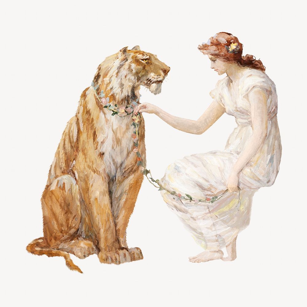 Lady and the Tiger, vintage illustration by Frederick Stuart Church. Remixed by rawpixel.