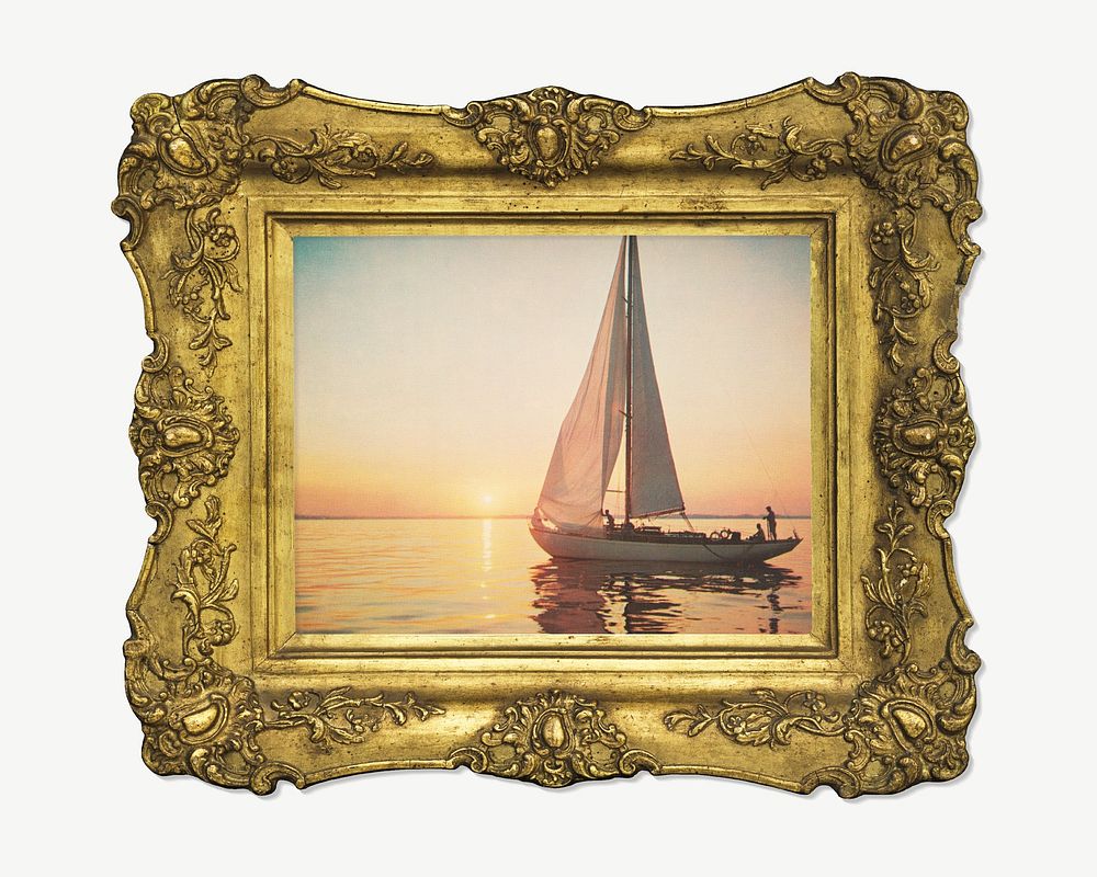 Gold picture frame mockup, vintage design with Greetings from Florida's painting psd. Remixed by rawpixel.