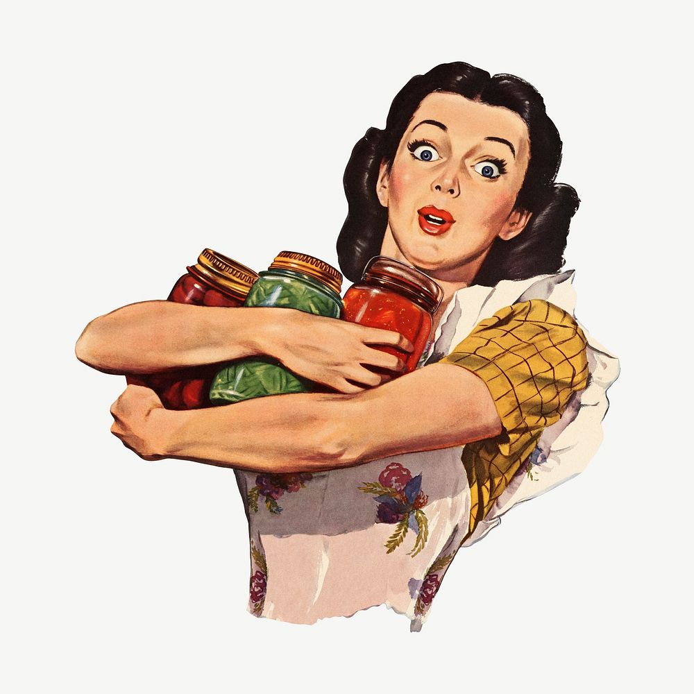 Woman holding jam jars, vintage illustration by Dick Williams psd. Remixed by rawpixel.