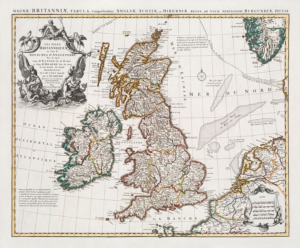 The British Isles where the Kingdoms of England are (1730), vintage map illustration by Guillaume de L'Isle. Original public…