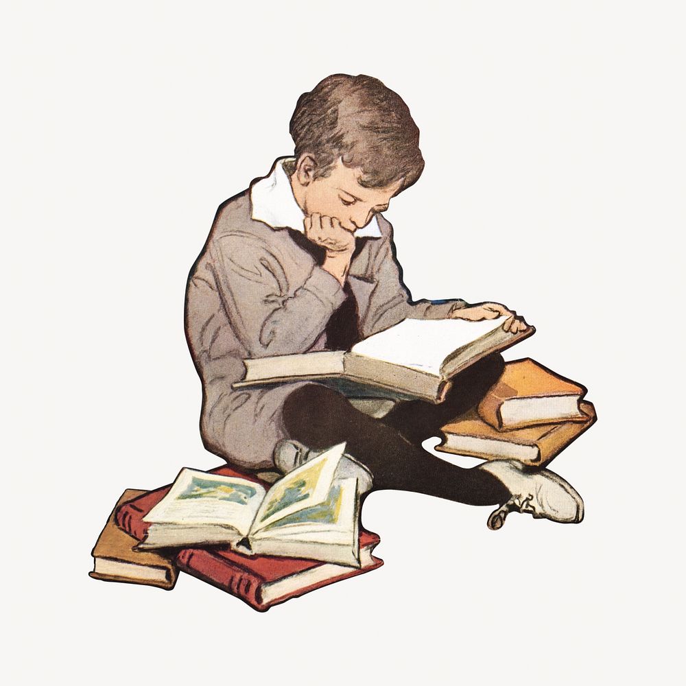 Little boy reading, vintage illustration by Jessie Willcox Smith. Remixed by rawpixel.