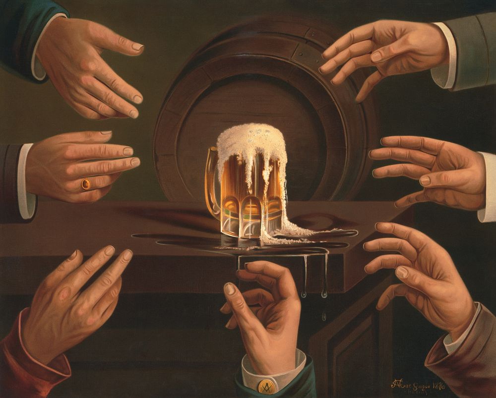 Seven male hands encircling a mug of beer, sitting on a table, one hand has a cufflink which may have the trademark of…