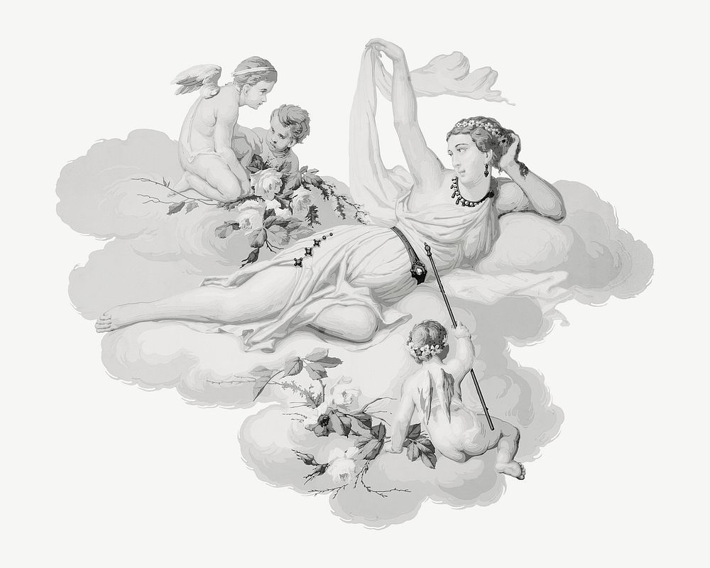 Goddess and cherubs on the cloud, greyscale illustration psd. Remixed by rawpixel.