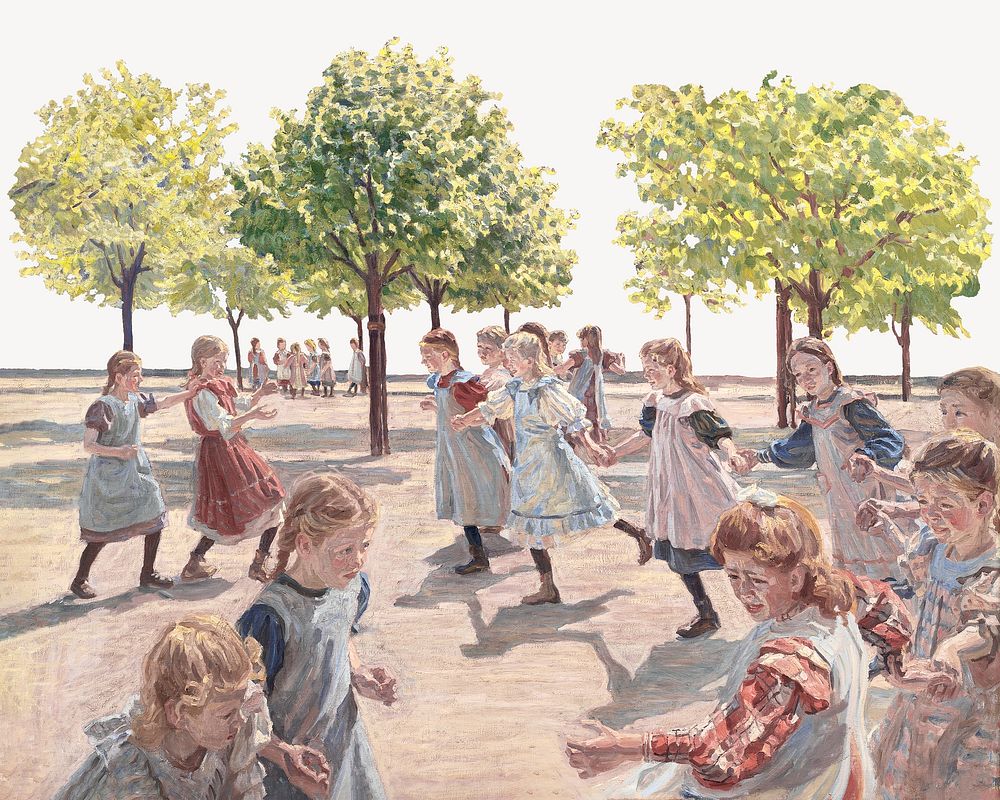 Playing Children at the Meadow Square illustration by Peter Hansen. Remixed by rawpixel.
