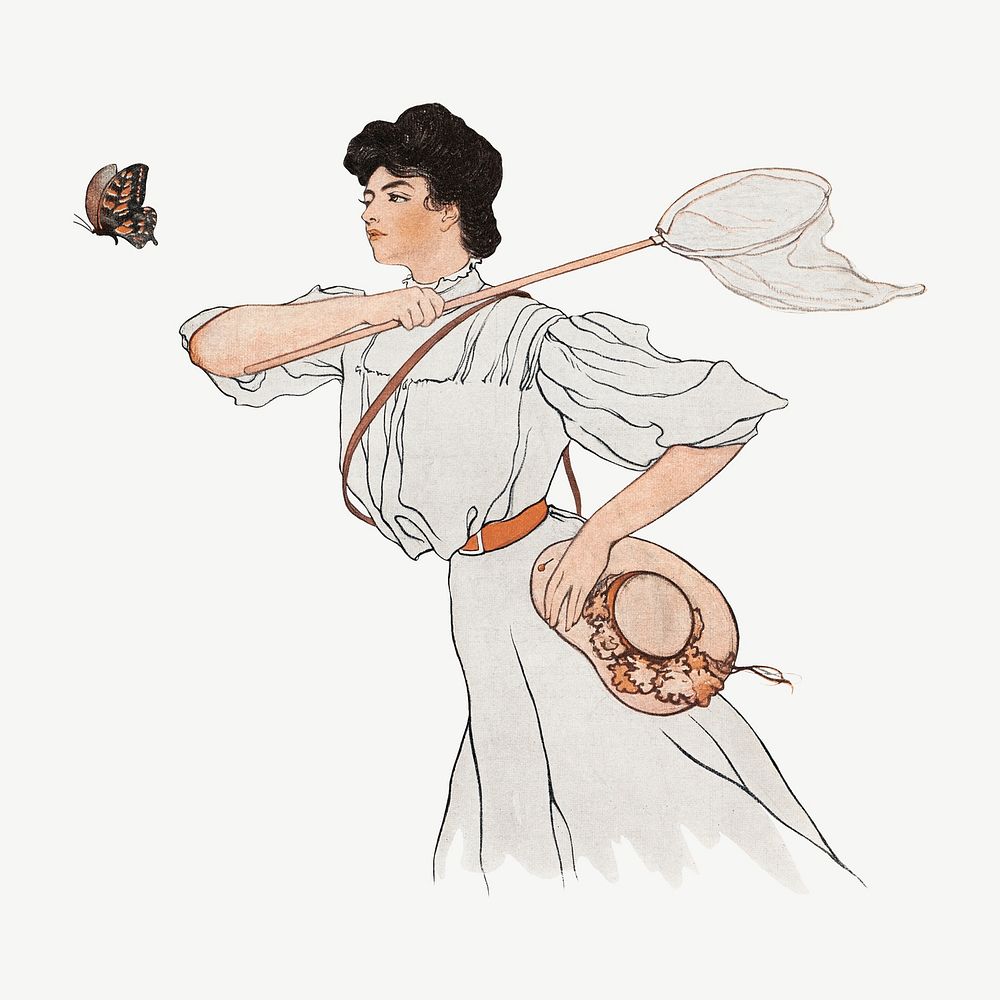 Vintage woman catching butterfly character illustration psd. Remixed by rawpixel. 