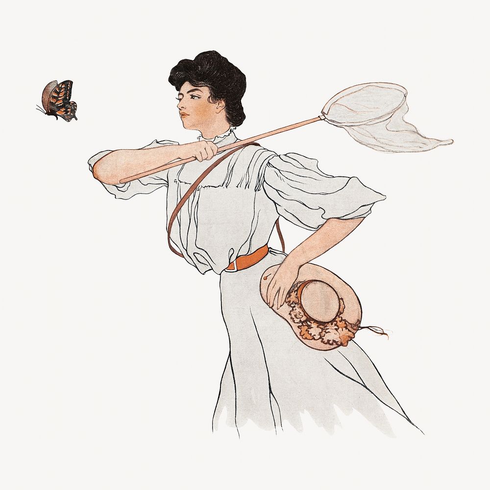 Vintage woman catching butterfly character illustration. Remixed by rawpixel. 
