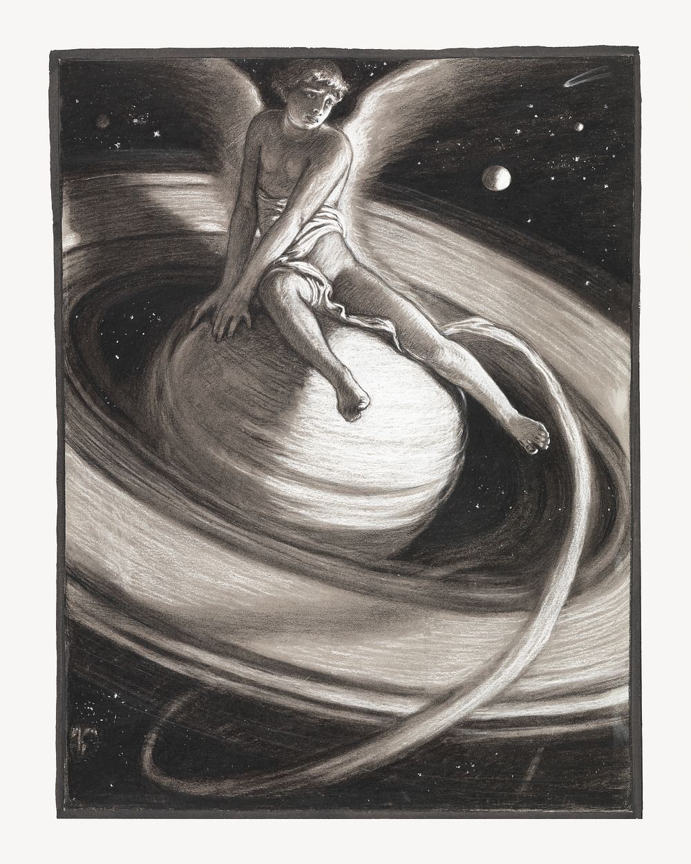 Vintage angel sitting on Saturn illustration. Remixed by rawpixel. 