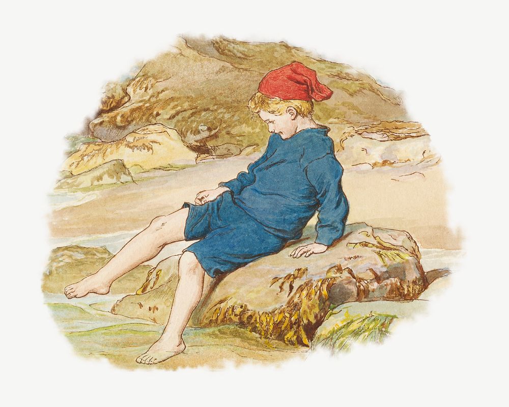 Vintage boy sitting on rocks illustration psd. Remixed by rawpixel. 