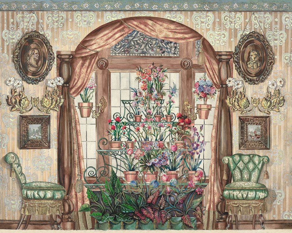 Conservatory Window with Flowers (1935&ndash;1942) by Perkins Harnly. Digitally enhanced by rawpixel.