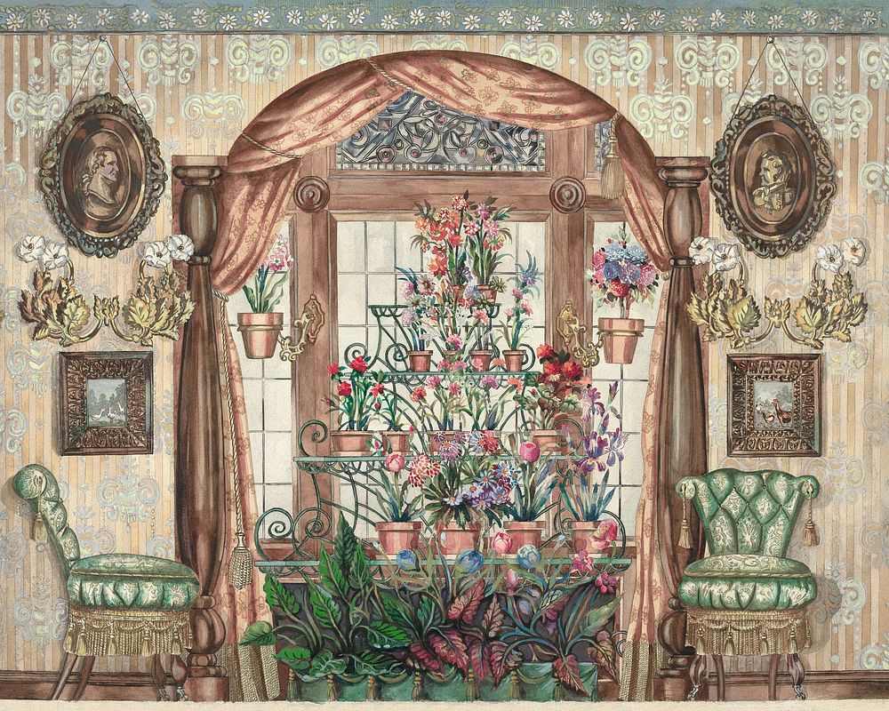 Conservatory Window with Flowers (1935–1942) by Perkins Harnly. Digitally enhanced by rawpixel.