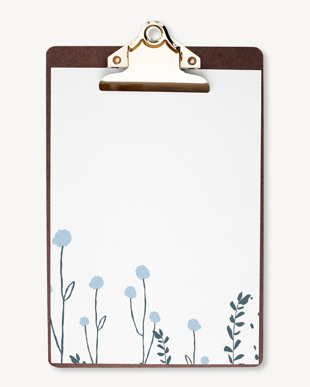 Aesthetic floral paper on clipboard, flat lay