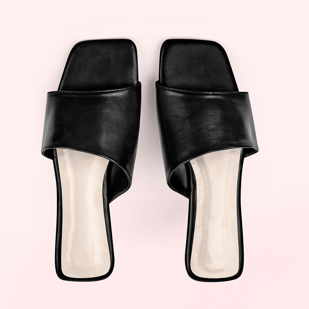 Black mule sandals mockup psd leather summer footwear fashion