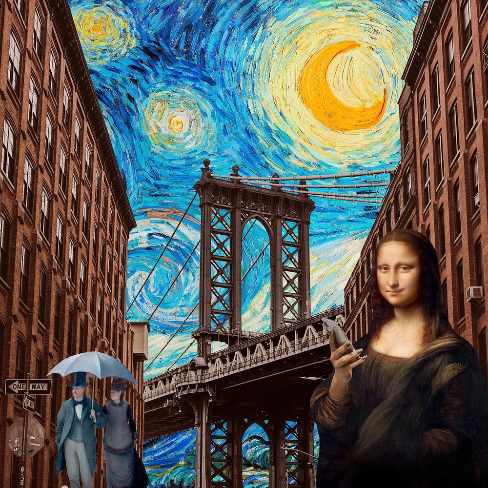 Manhattan Bridge, Mona Lisa art remix. Remixed by rawpixel.