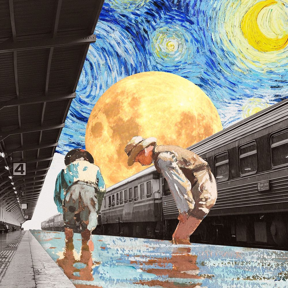 Surreal train station art remix. Remixed by rawpixel.