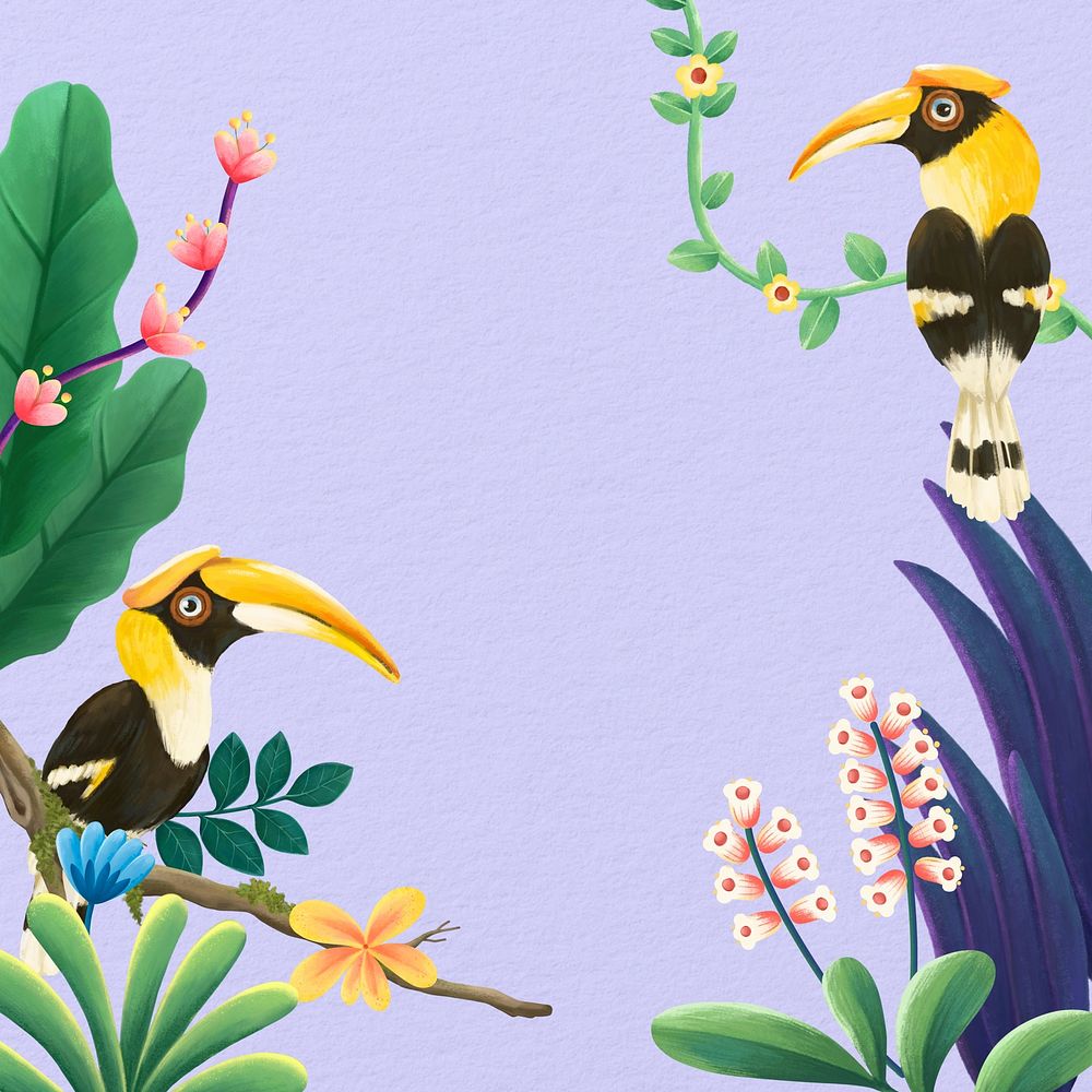 Hornbill bird border background, purple design