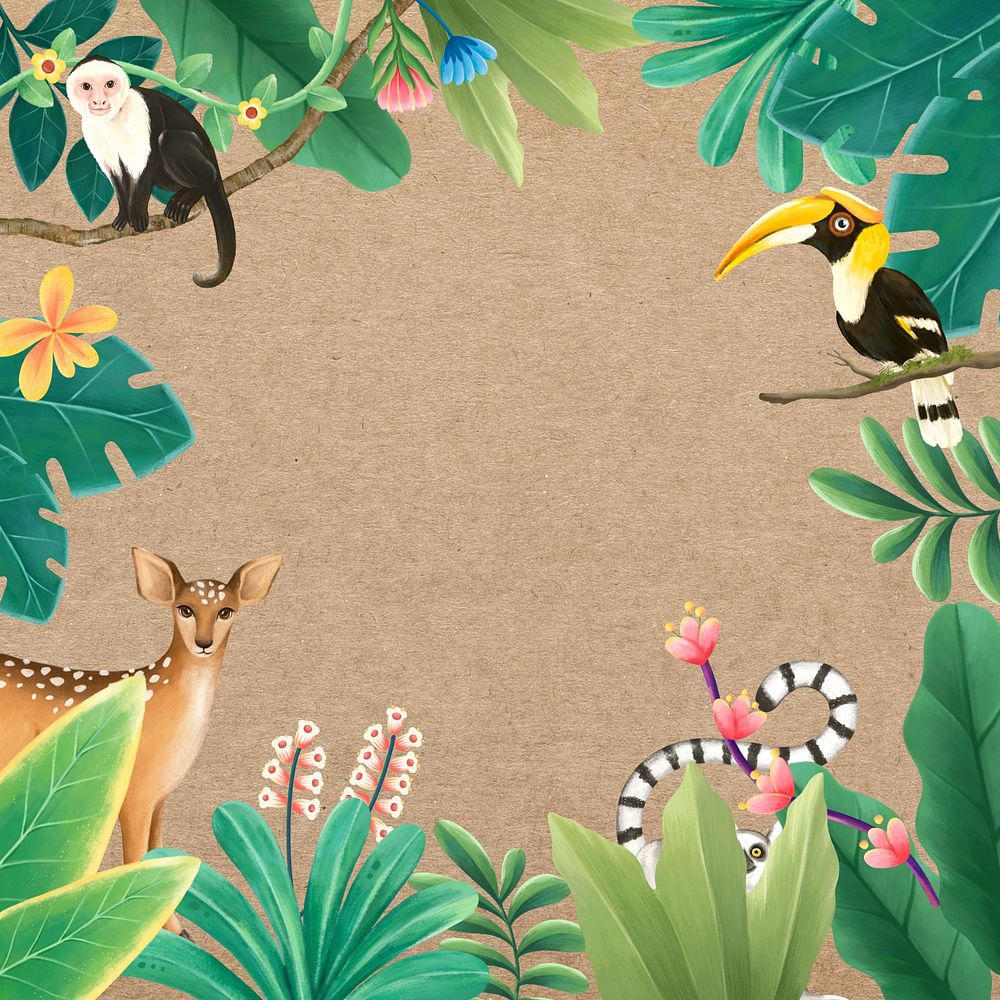 Jungle wildlife frame background, brown design