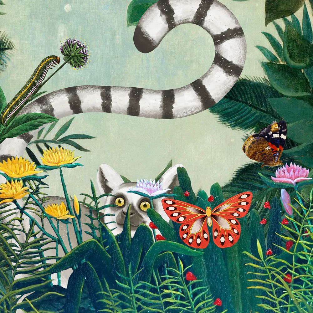 Cute wildlife green background, lemur & butterfly design
