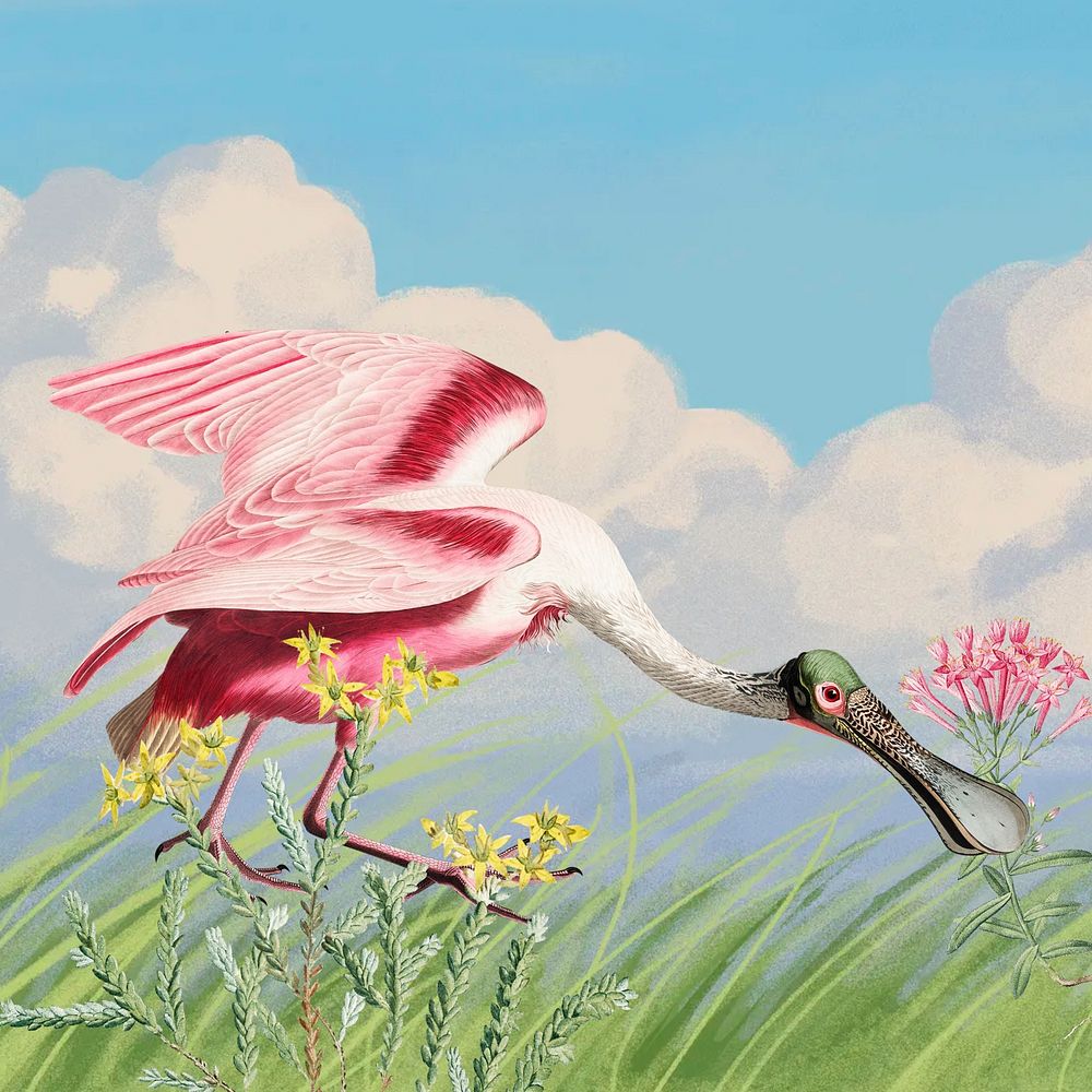 Spoonbill background, blue sky drawing design