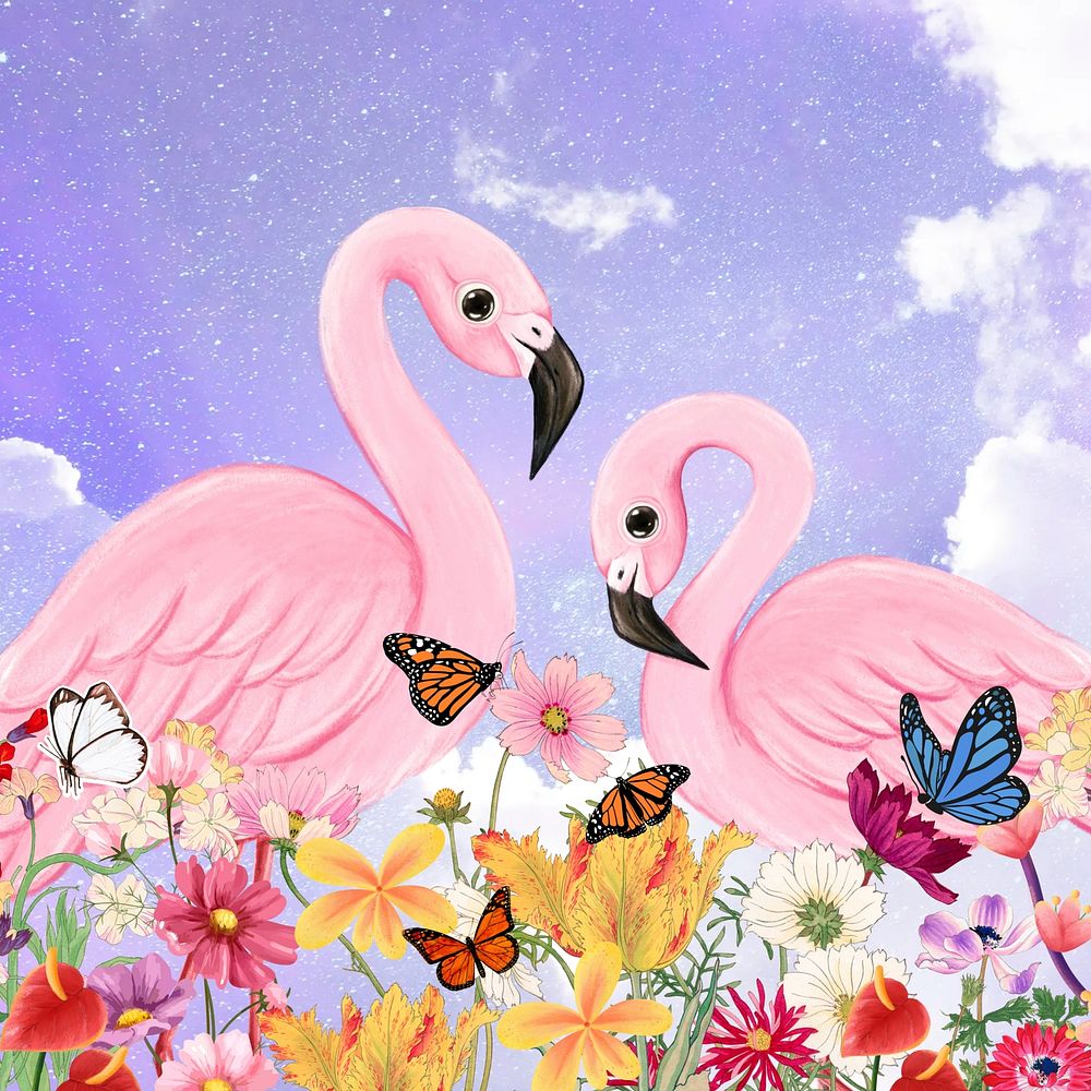 Aesthetic flamingo background, purple sky design