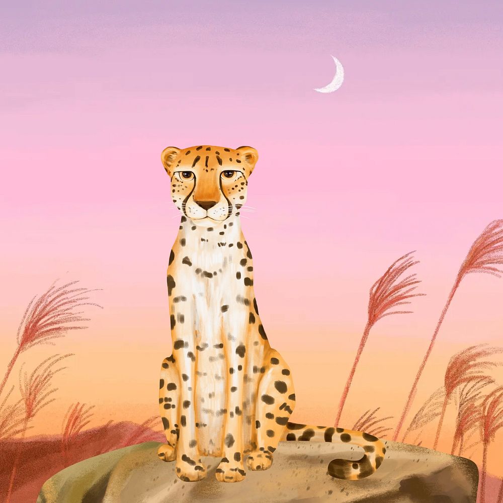 Leopard night safari background, pink sky design