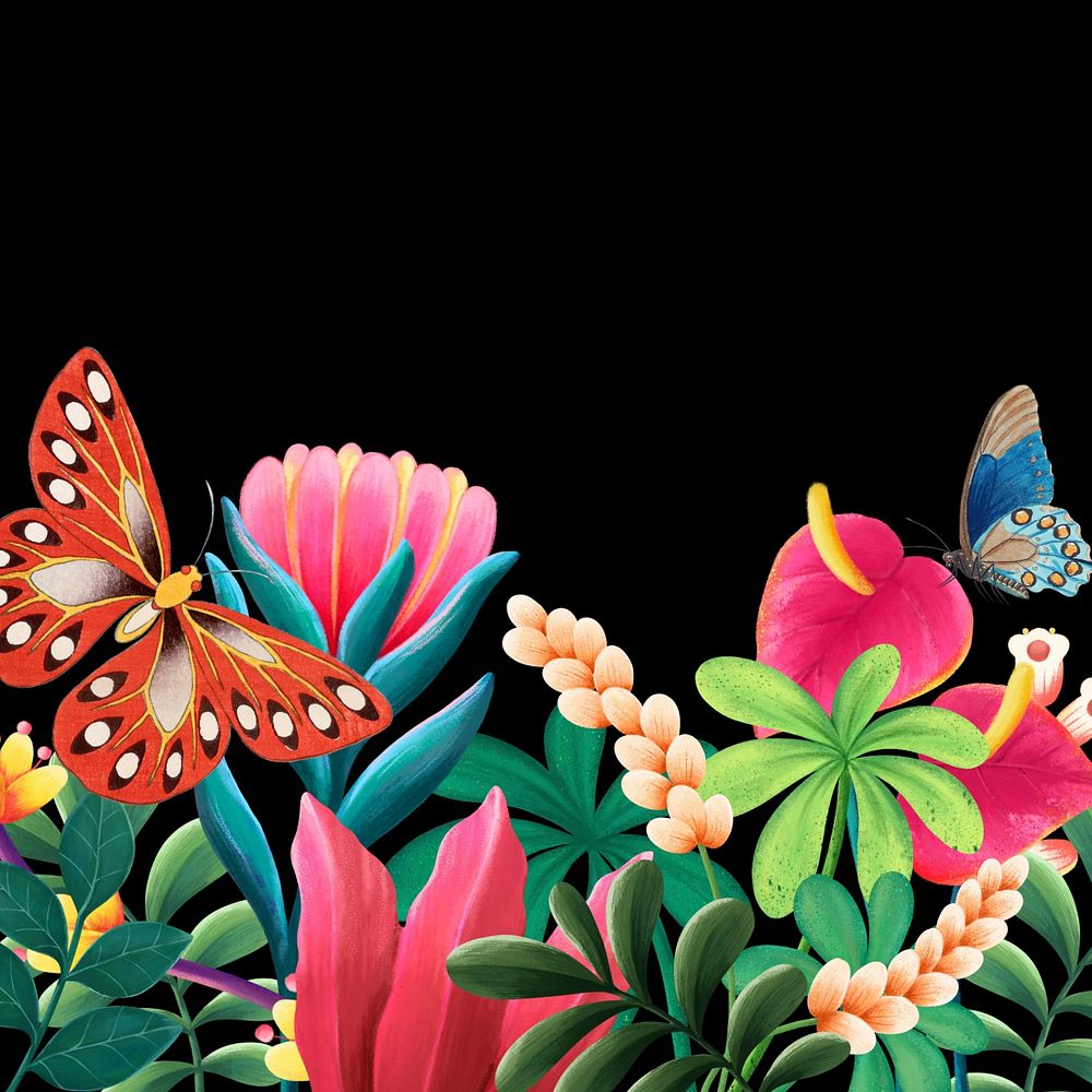 Aesthetic tropical black background, flowers & butterfly design