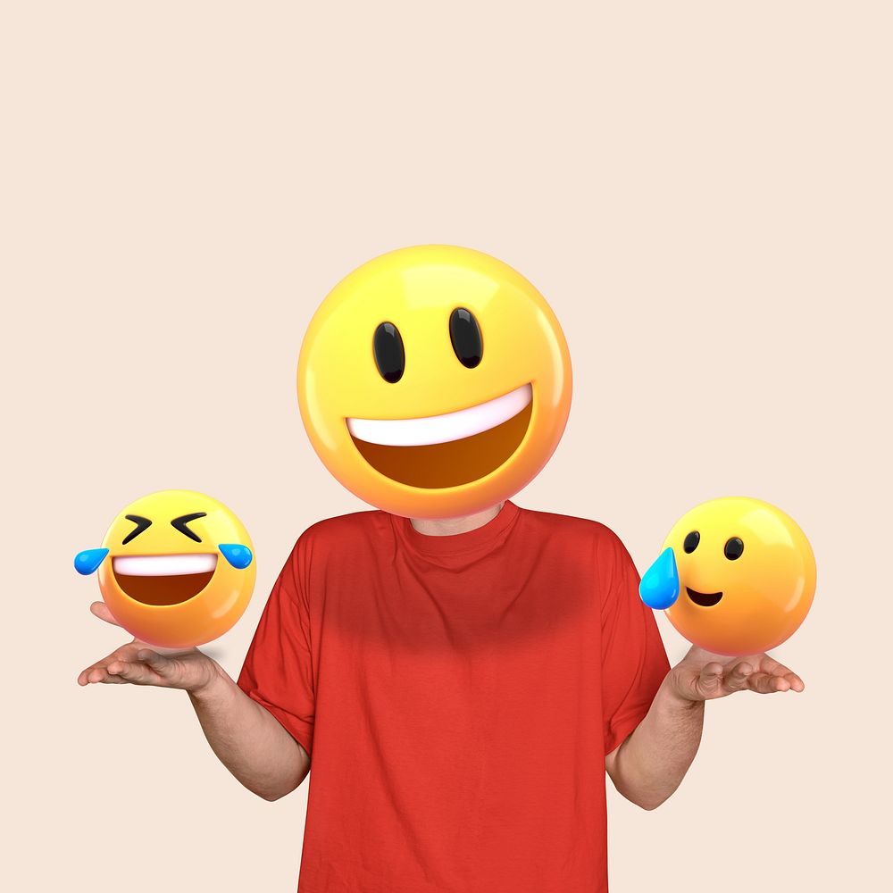 Smiling emoticon man background, 3D graphic