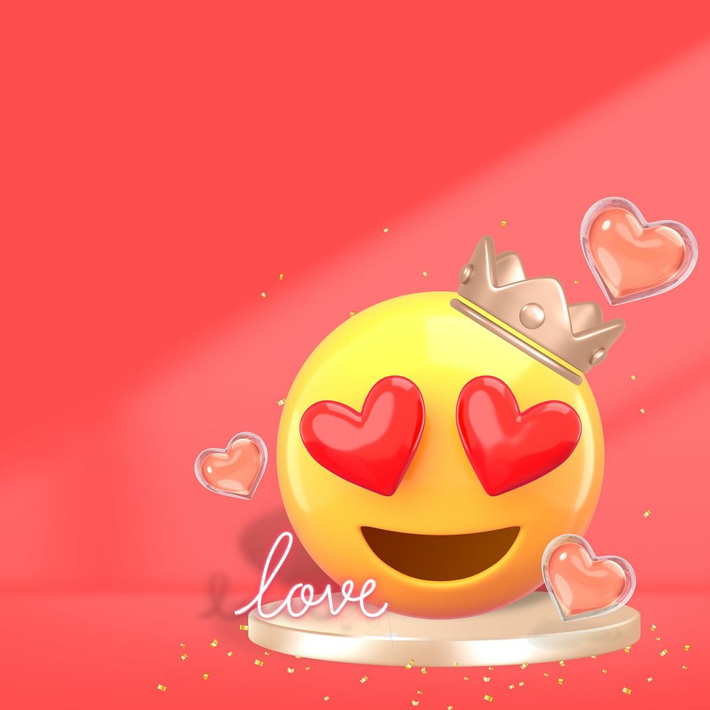 Crowned emoticon 3D background, red heart eyes