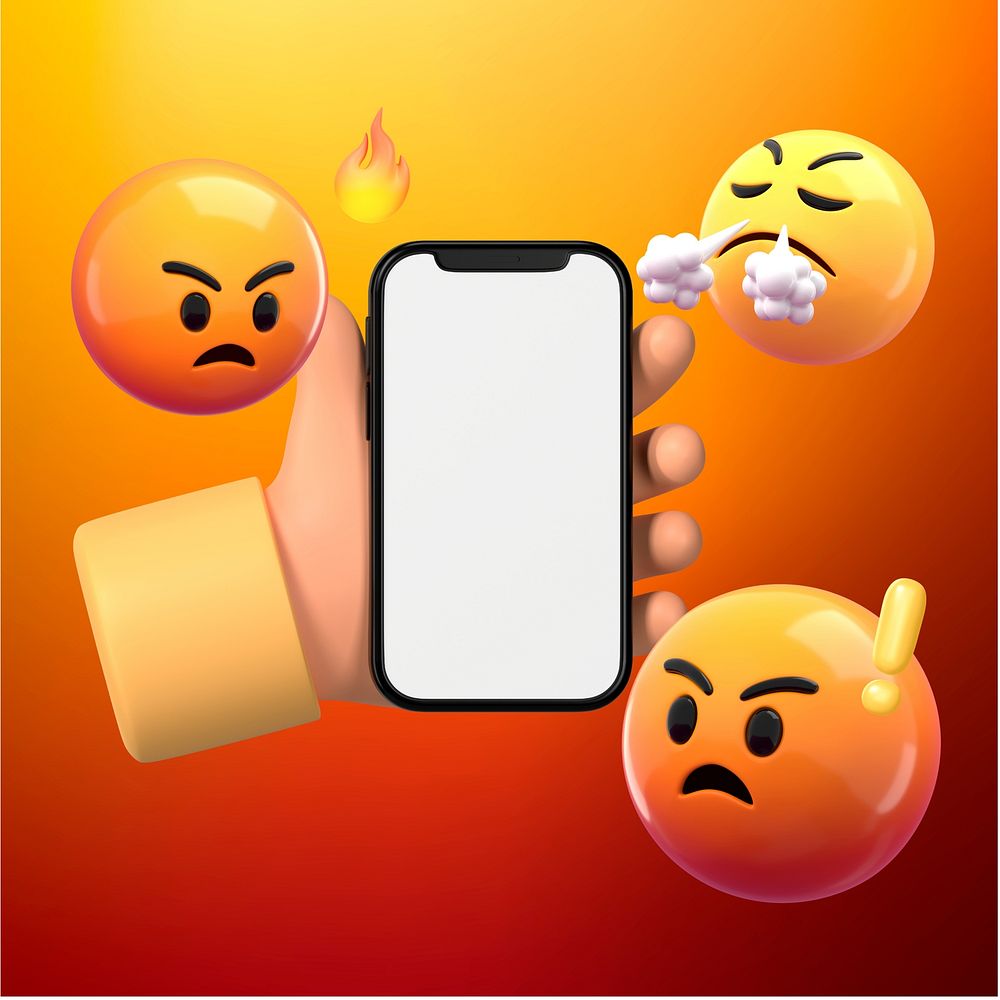 Angry emoticons, blank phone screen with design space