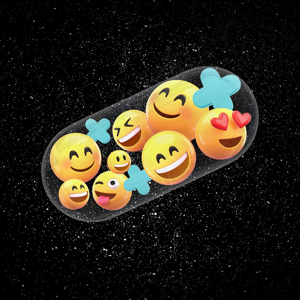 3D happy emoticons in capsule, health illustration