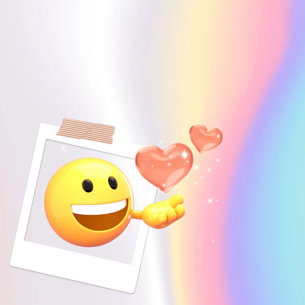3D love emoji holographic background, border design