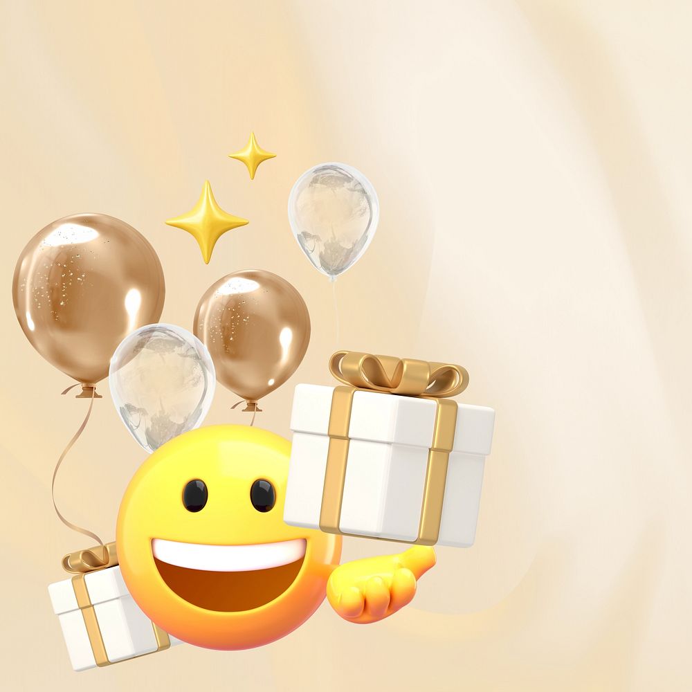Birthday gifts beige background, 3D emoji
