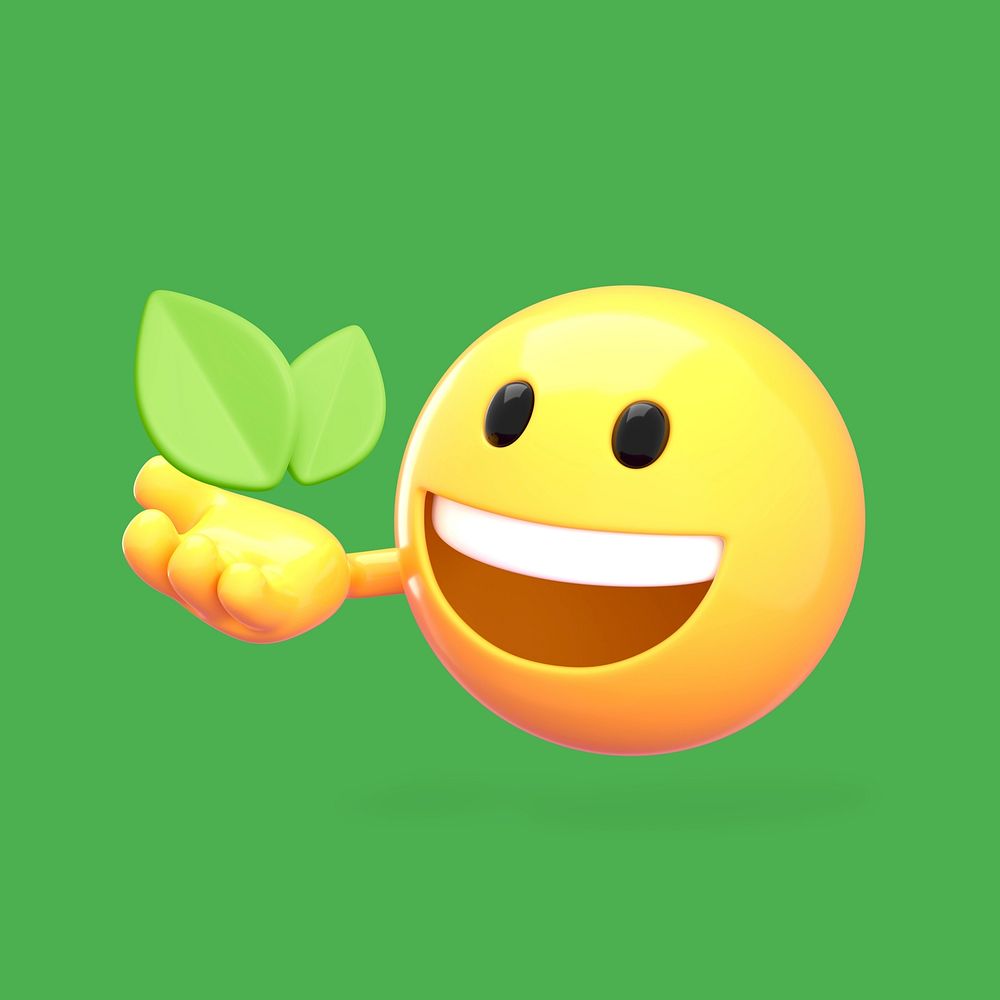 3D emoji holding leaf, eco-friendly design