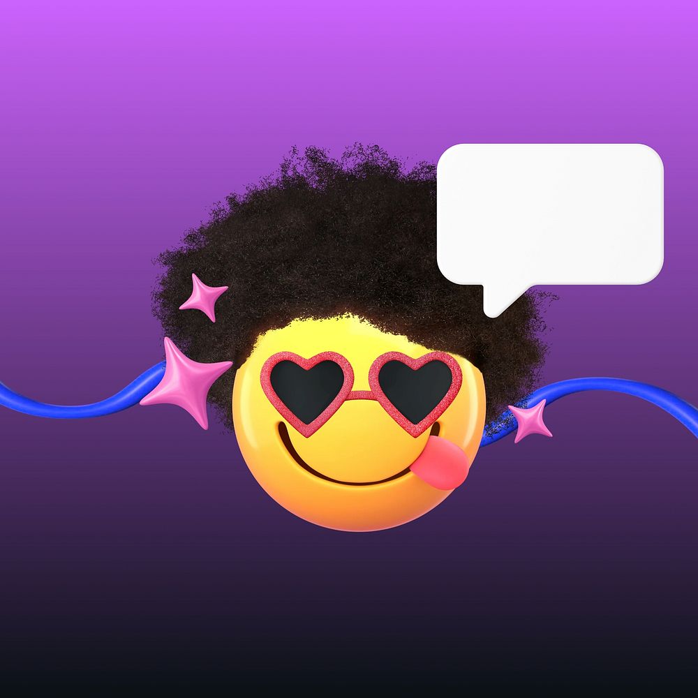 3D Afro emoticon, gradient purple speech bubble