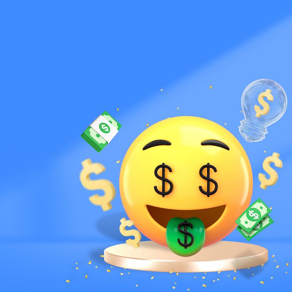Money-mouth face 3D emoticon background, growing revenue business graphic