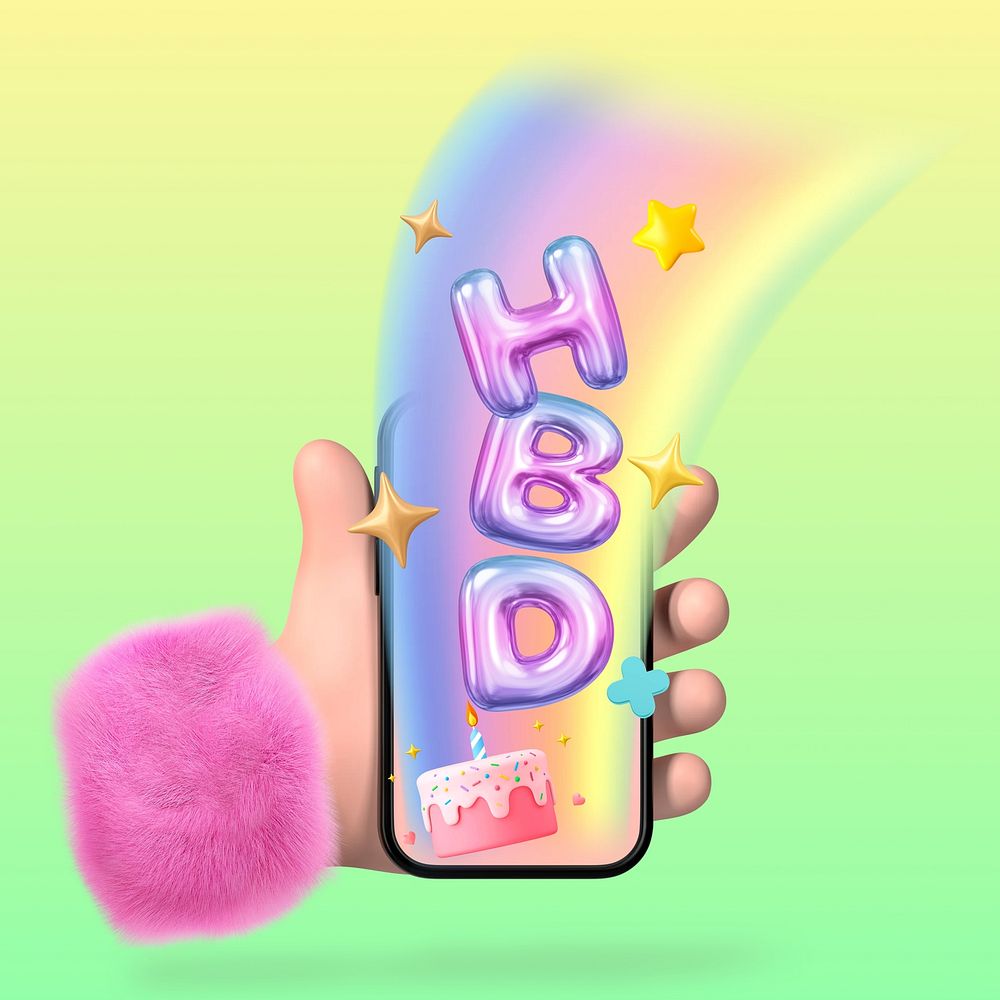 HBD 3D emoticons, hand holding phone
