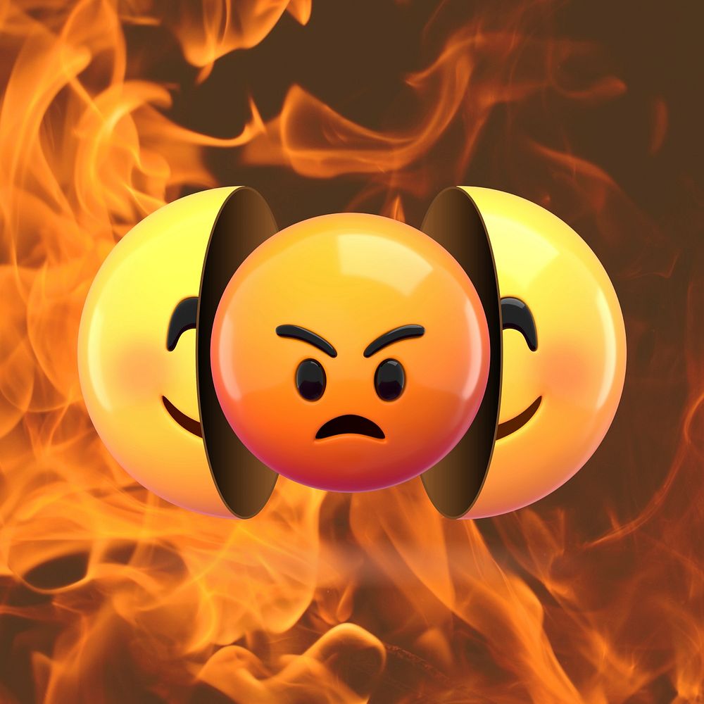 3D angry emoticon illustration, fire design