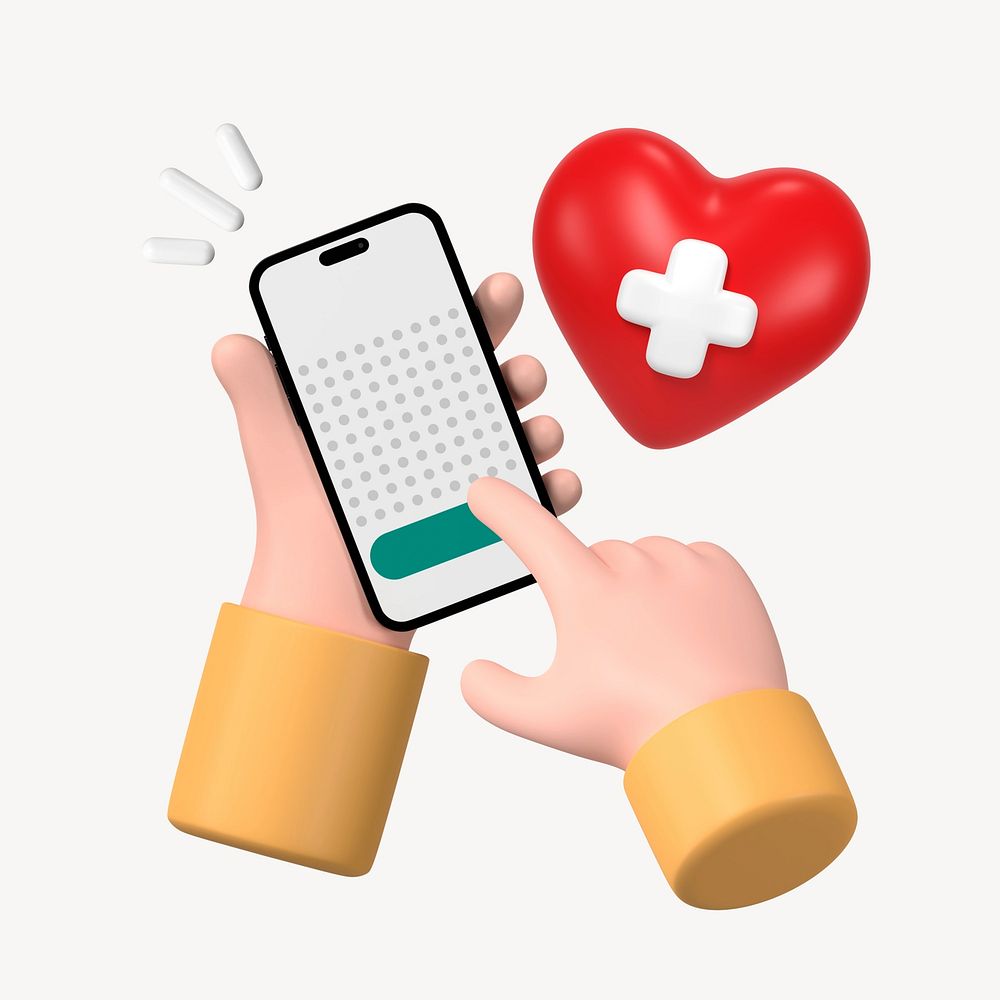 Health tracking app, 3D hand holding phone 