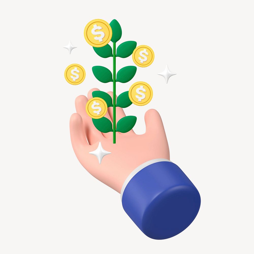 Business success, money plant hand 3D graphic