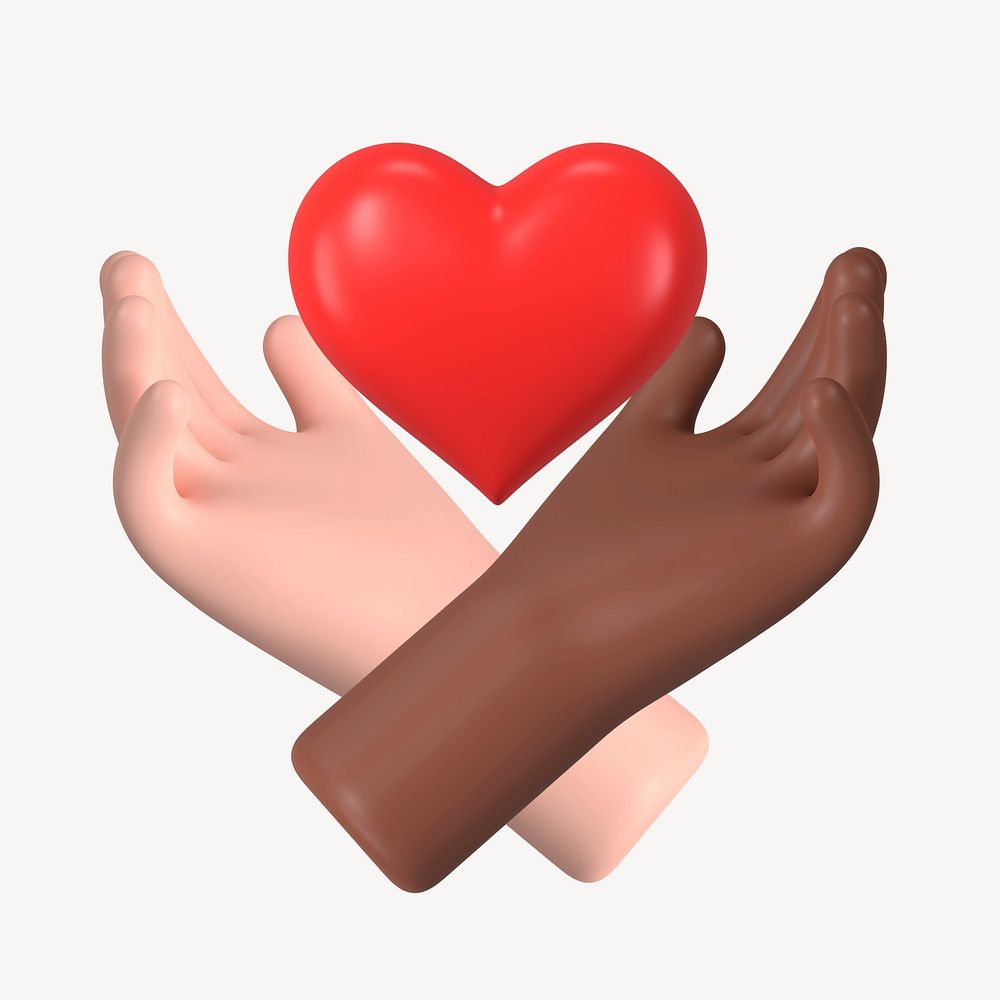 Diverse hands present heart, 3D rendering graphic