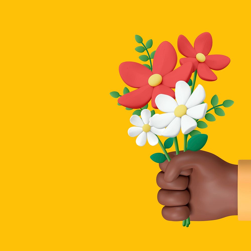Hand holding flowers background, 3D yellow design