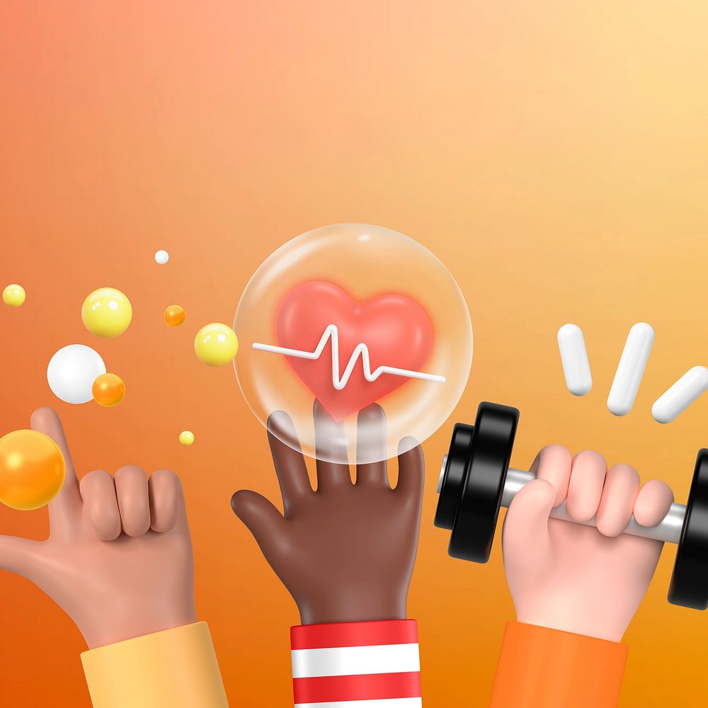 3D healthy lifestyle background, diverse hands