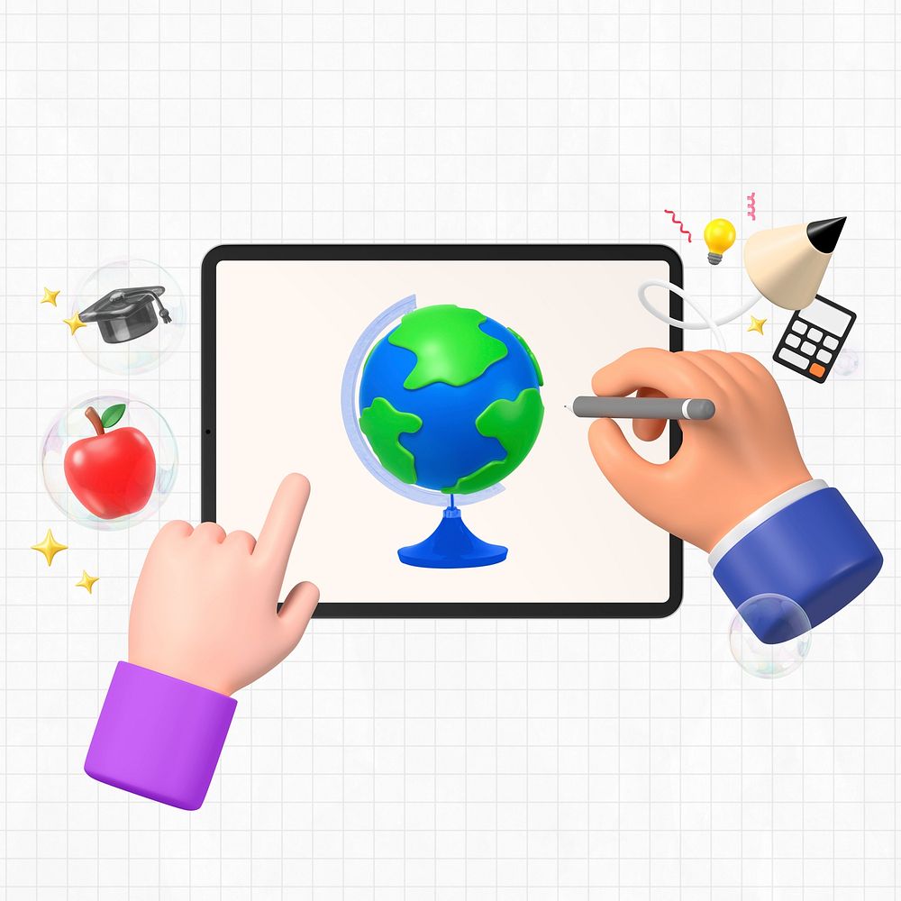 3D education, hand drawing globe on tablet illustration