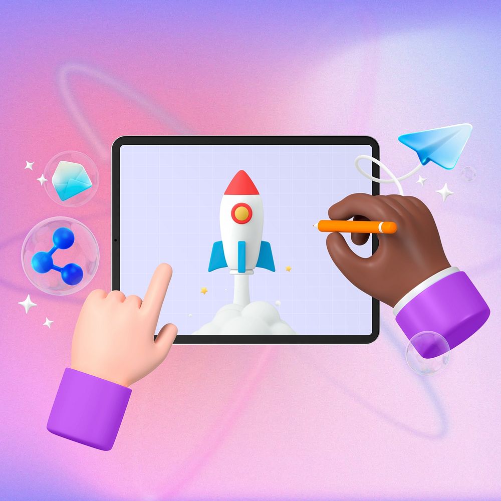 Business launch, 3D hand drawing rocket illustration