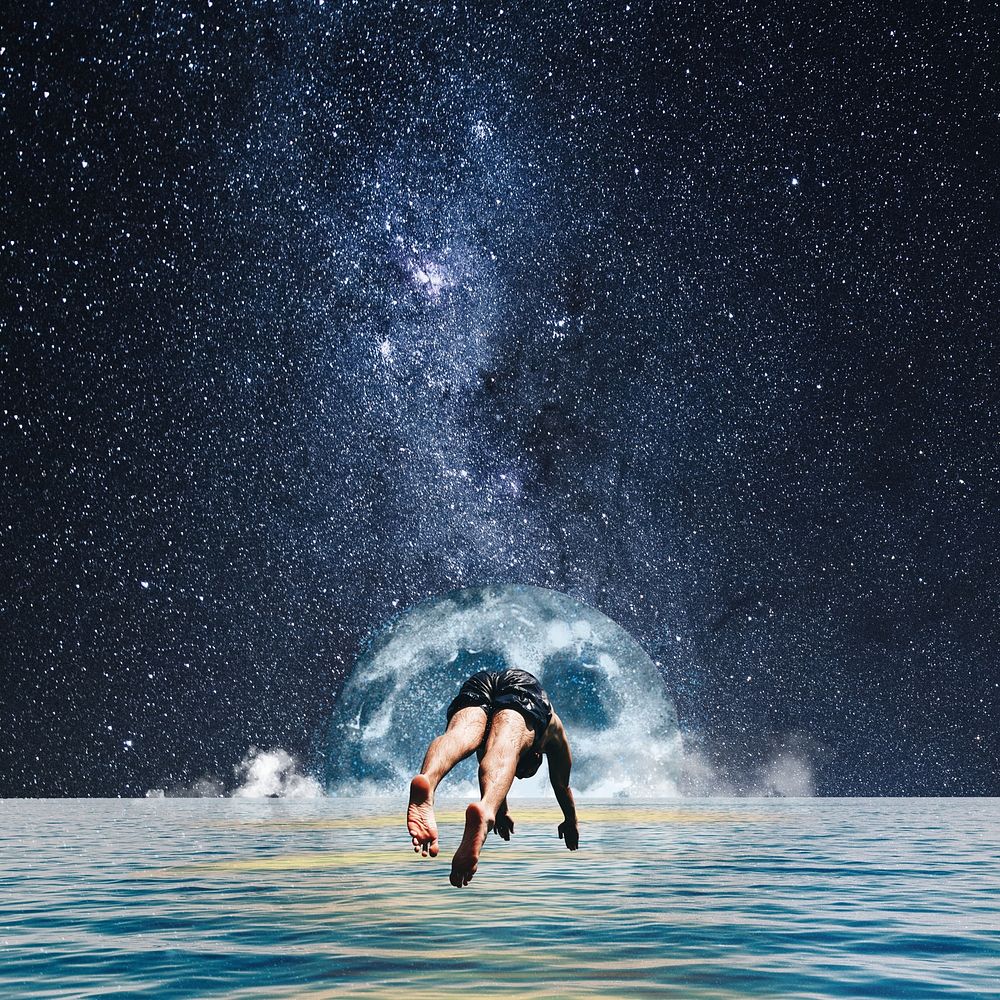 Aesthetic galaxy background, man swimming design